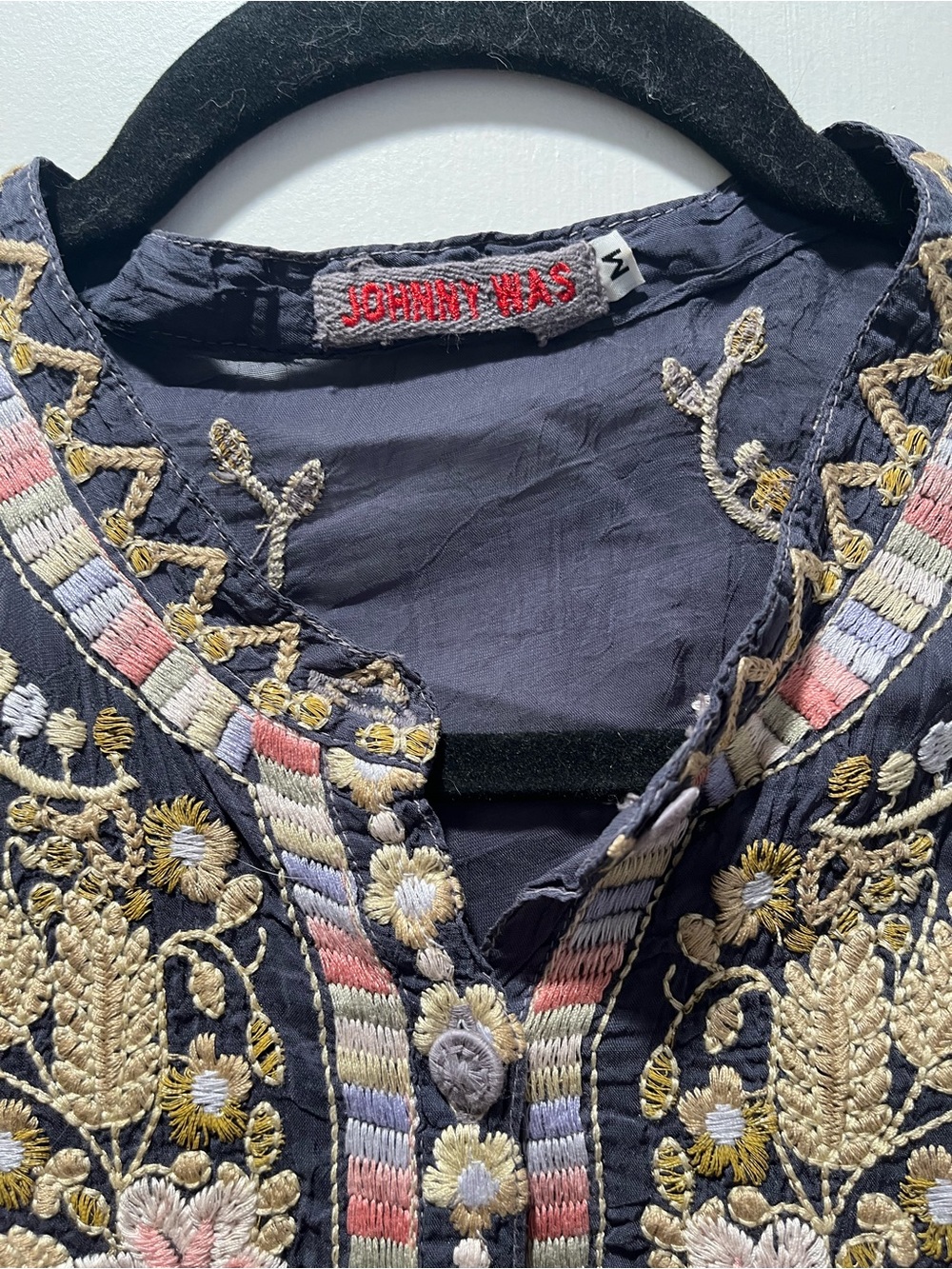 Johnny Was Navy Tunic with Gold and Pink Floral Embroidery - Picture 2 of 8